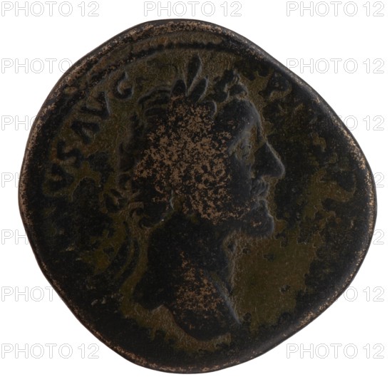 Sestertius of Antoninus Pius 86–161; Roman emperor 138–161. Obverse: Head of Antoninus Pius in a