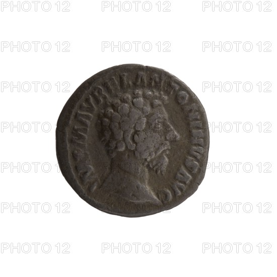 Denarius of Marcus Aurelius 121–180; Roman emperor 161–180. Obverse: Head of Marcus Aurelius