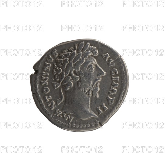 Denarius, Marcus Aurelius 121–180; Roman emperor 161–180. Obverse: Head of Marcus Aurelius with