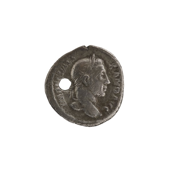 Denarius with hole, Alexander Severus 208–235; Roman emperor 222–235 issuer; obverse/portrait of