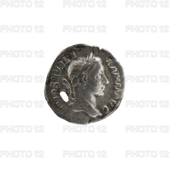 Denarius with hole, 228–231 CE, Roman Empire 27 BC–476, Rome mint; coin; diameter 18.0–19.0 mm;