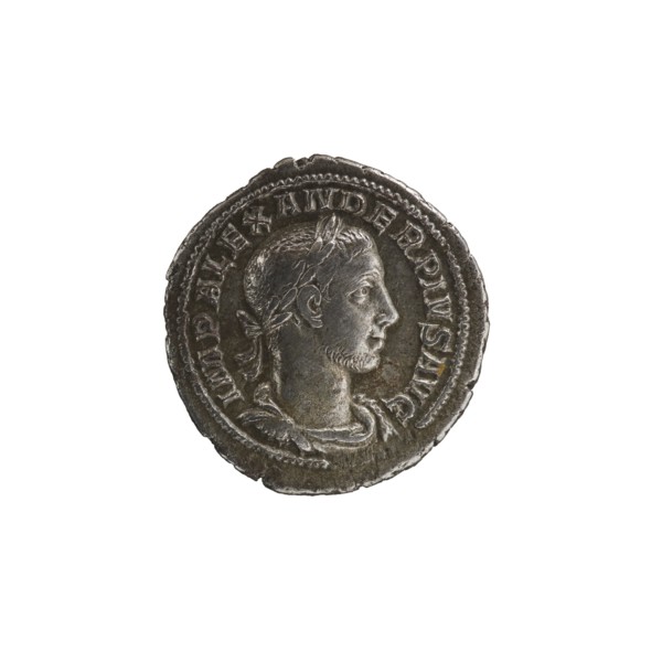 Denarius of Alexander Severus reigned 222–235 CE. Obverse: bust of Alexander Severus Roman emperor,