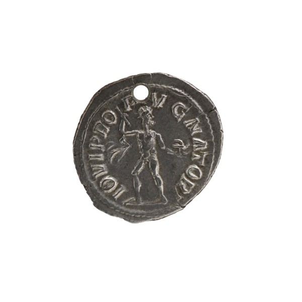 Denarius with hole, Alexander Severus 208–235; Roman emperor 222–235 issuer; iconography: Roman