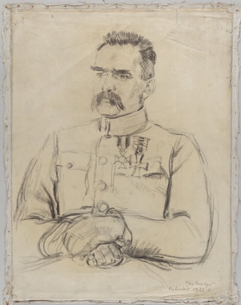 Portrait of Józef Pilsudski, by Józef Mehoffer 1869–1946, half-length drawing of Marshal Józef