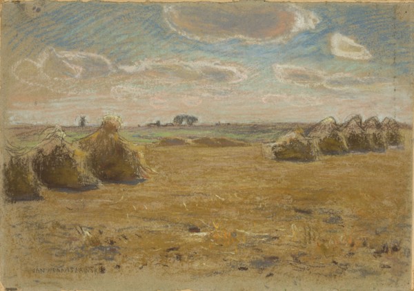 Summer Landscape Field with Sheaves of Grain, Jan Stanislawski 1860–1907. Pastel on grey paper