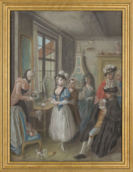 Interior scene, unknown pastelist, genre scene of group with courtship, servants, dogs and birds;