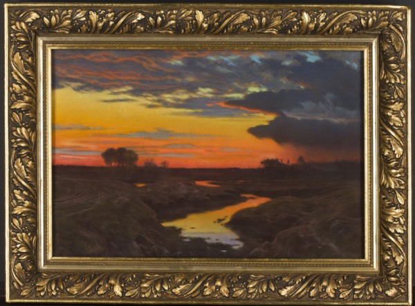 Landscape at Sunset, Jan Grubinski 1874–1945, painter. Pastel on paper, 1909. Subject: sunset