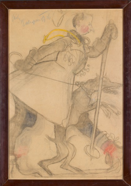 Caricature of a skier with a dog by Kazimierz Sichulski 1879–1942, 1916. Drawing, height 89.5 cm,