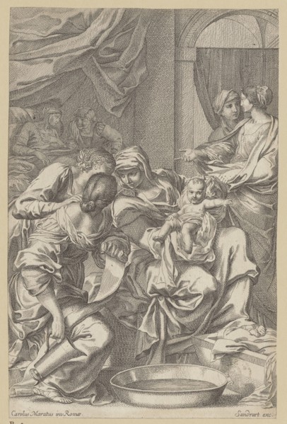 The Birth of Mary, Sandrart, Jakob von 1630-1708 creator, Maratti, Carlo 1625-1713 engraver,