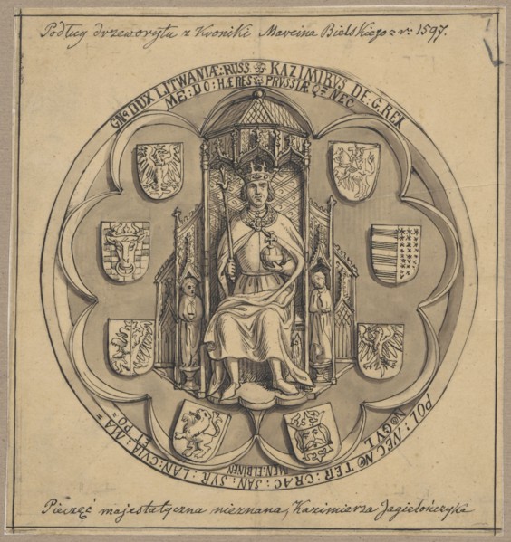 King Casimir Jagiellon sitting on a throne, according to an illustration from The Polish Chronicle