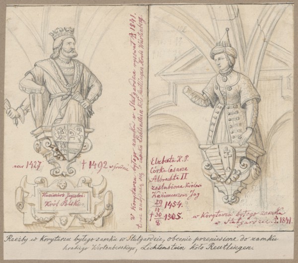 King Casimir IV and Elizabeth II of Prussia, figures on consoles after sculptures in the corridor
