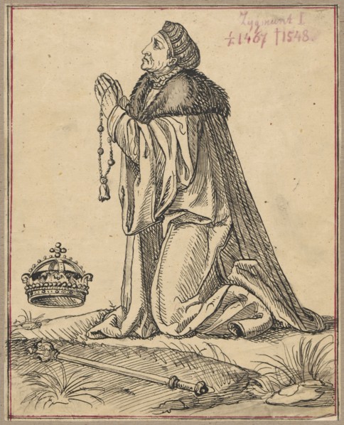 Portrait of the praying King Sigismund I the Old; drawing on tracing paper, full surface, glued