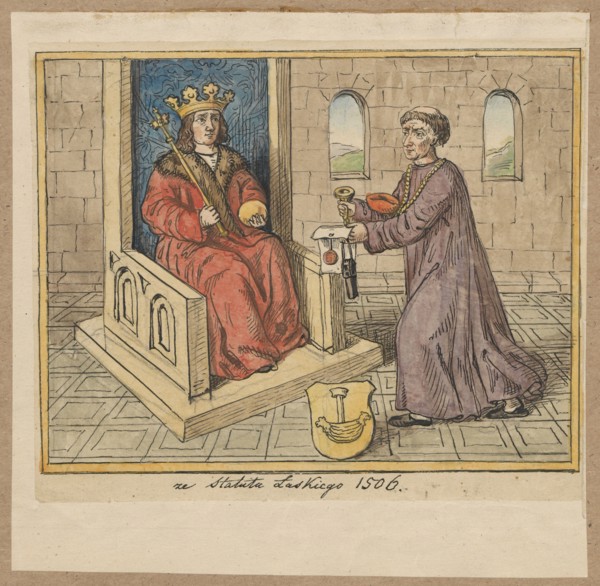 King Alexander Jagiellon on the throne before the approval of the statute, according to Commune