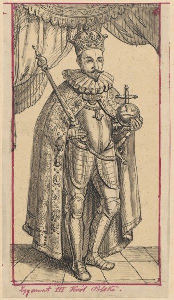 Portrait of King Sigismund III Vasa in a crown, mantle and with royal insignia; drawn by Aleksander