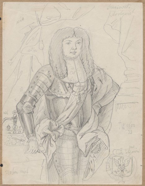 Portrait of Michal Korybut Wisniowiecki in armor; drawing glued to cardboard with the upper edge.
