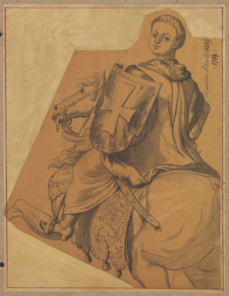 Portrait of Aleksander Benedykt Sobieski with a shield and on a horse, draughtsman: Aleksander