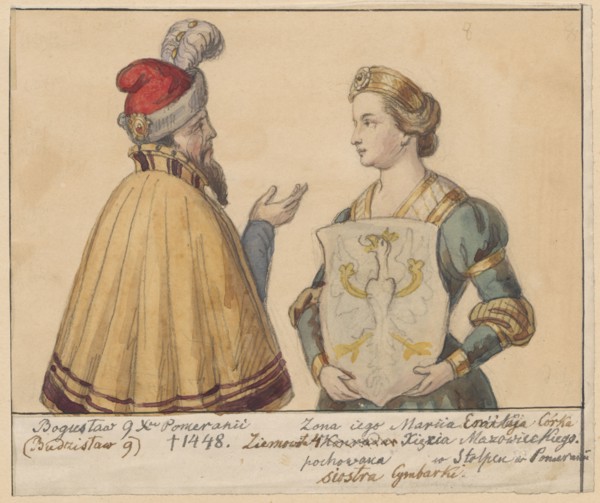Boguslaw IX and his wife Maria Emilia of Masovia with a coat of arms, half-length portraits,
