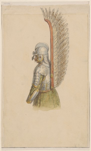 17th-century hussar armor; drawing on paper, glued across the entire surface to a cardboard of