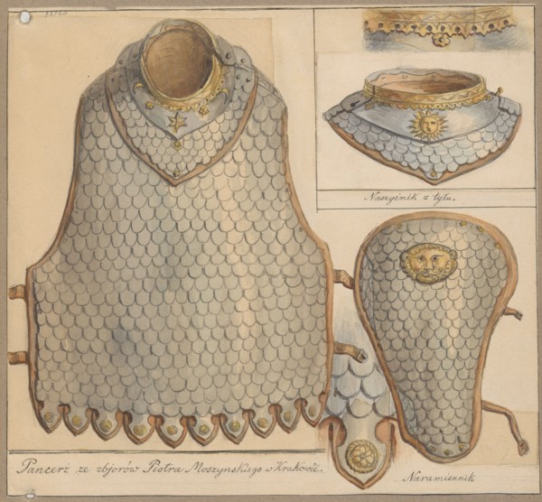 Armour, necklace and shoulder pad of karacena armour; drawing by Aleksander Lesser 1814–1884.