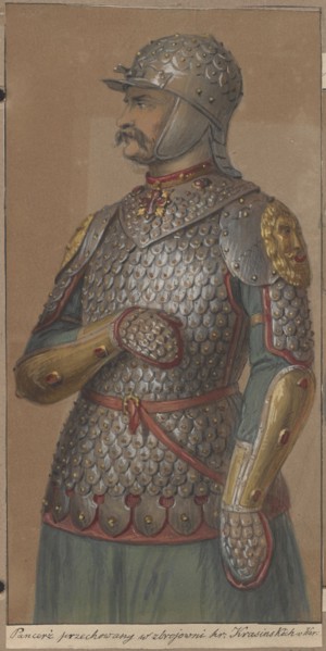 Armor stored in the Count's armory. Drawing by Aleksander Lesser 1814–1884, 1853. Graphite/ink on