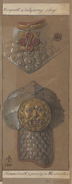 Necklace and shoulder pad made of caracal armor; drawing glued across the entire surface to paper