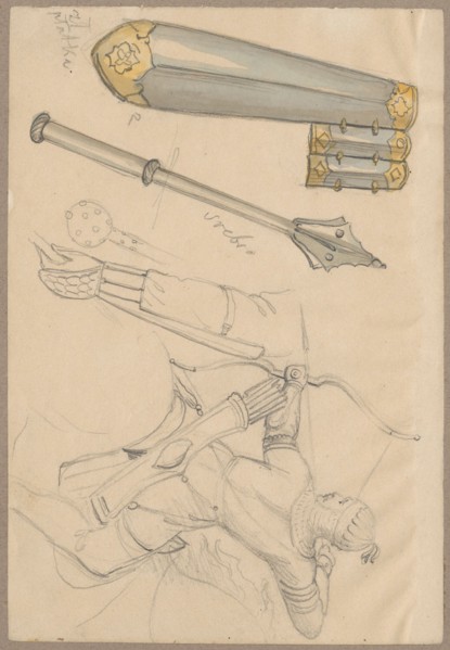 Fragments of armor and a sketch of an archer, 17th century; Aleksander Lesser 1814–1884,
