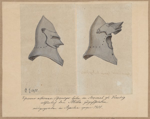A 14th-century helmet with an open visor; verso: sketches of men's clothing viewed from the hips.