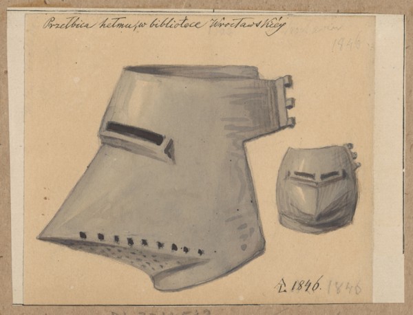 Helmet visor, 14th/15th century. Drawing on paper glued with the entire surface to cardboard, which