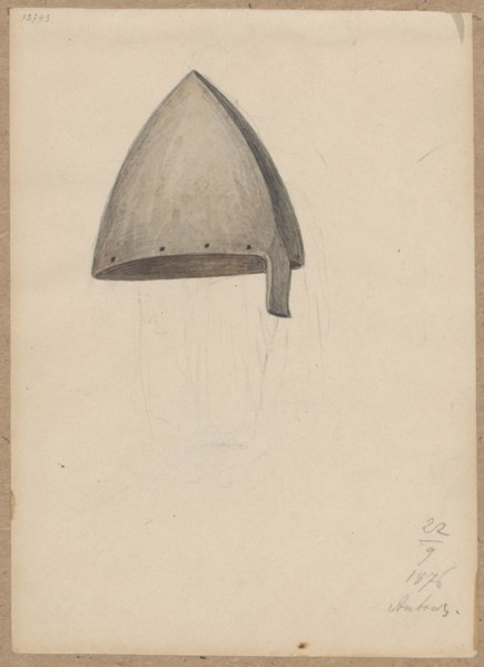 Helmet. Pen and ink drawing glued with the upper edge to brown cardboard; 1876. Drawing: 17.8 × 12