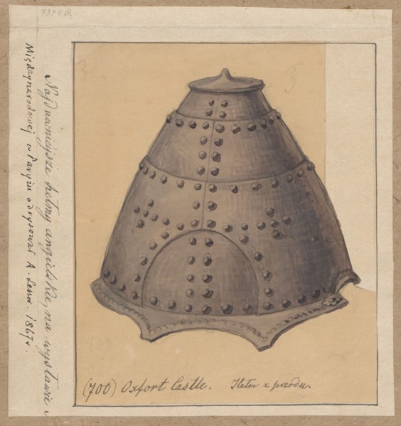 Helmet, drawing glued across the entire surface onto paper of similar dimensions, which was glued