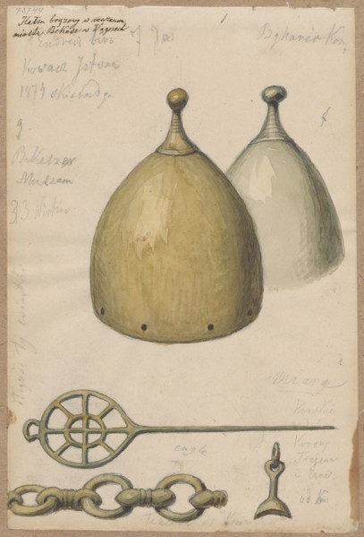 Two helmets and armament elements; drawing glued with the upper edge to a tone of cardboard brown.