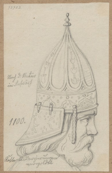 Head of a man in profile in a helmet, drawing, circa 1100; draughtsman Aleksander Lesser 1814–1884.