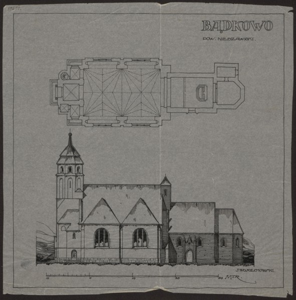 Badkowo. Church. Bottom plan and side elevation, Wojciechowski, Jaroslaw 1874-1942 author, churches