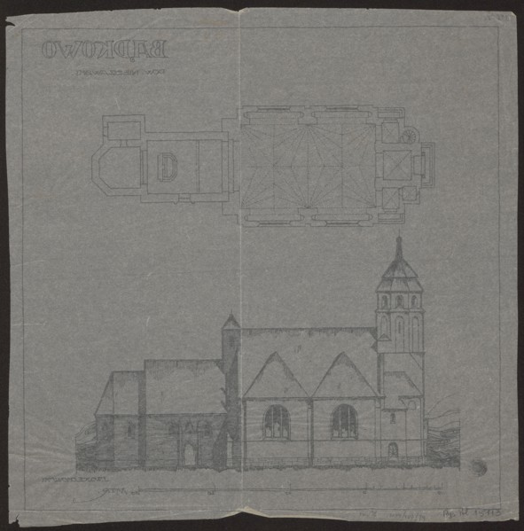 Badkowo. Church. Bottom plan and side elevation by Wojciechowski, Jaroslaw 1874–1942 architect.
