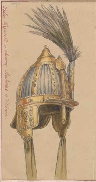 Hungarian helmet, drawing on paper glued to paper; with DI 32462/2 MNW glued by its upper edge to