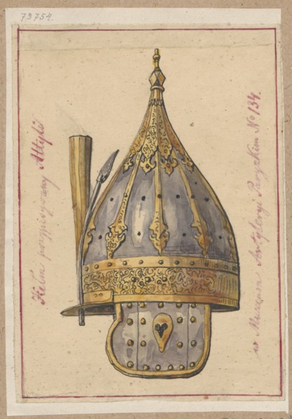 Helmet attributed to Attila, drawing of a helmet; ink or pencil on paper glued on tracing paper,