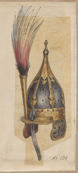 Hungarian helmet, drawing on tracing paper glued over entire surface to paper with a similar