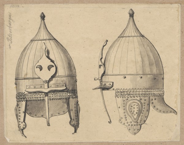 Moscow helmet, drawing of a Russian army helmet knights' armor, drawn on tracing paper glued with