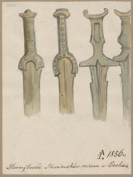 Hilts of Slavic swords. Drawing on paper glued with the upper edge to a tone of cardboard gray;