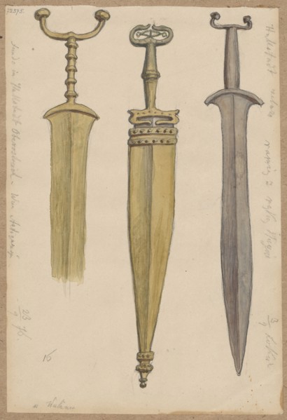 Three swords from the Hallstatt excavations. Drawing glued with the upper edge to brown cardboard.
