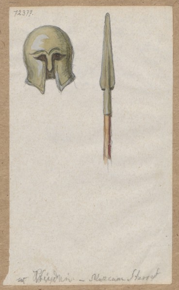 Greek spearhead and helmet, drawing, ca. 1876, pen-and-ink and wash on paper glued to brown
