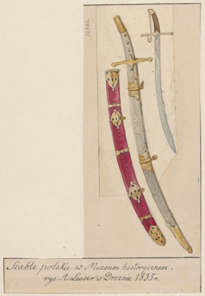 Two 17th-century Polish sabres; drawing on paper of irregular dimensions, glued to cardboard with