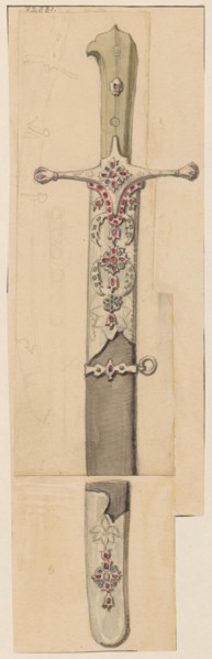 Karabela from the 17th century; drawing on cardboard glued to a larger cardboard at its upper edge;