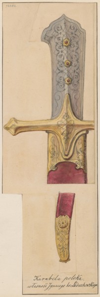 Polish karabela from the 17th century; drawing on cardboard, glued to a larger cardboard by its