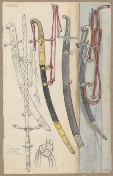 Five sabers with holsters; verso: blind man playing an instrument that is a type of harpsichord