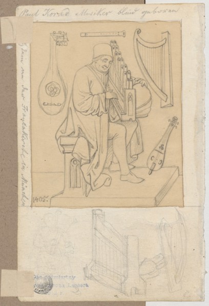 Five sabers with holsters; verso: blind man playing an instrument that is a type of harpsichord