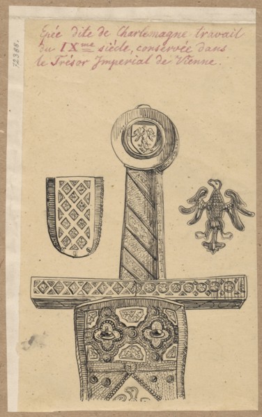 Sword of Emperor Charlemagne, 9th century hilt. Drawing on tracing paper glued on cardboard, with