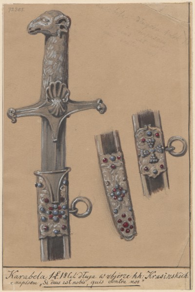 Polish karabela with the inscription Si deus est nobis, quis contra nos; drawing; materials:
