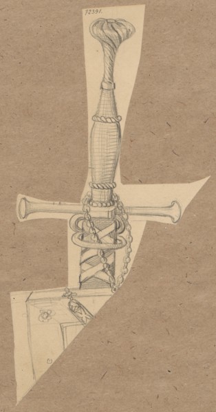 16th-century sword hilt; drawing sketch, irregular dimensions glued with the upper edge on brown