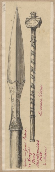 Moscow mace and spearhead belonging to Boris Alexandrovich; drawing by Alexander Lesser 1814–1884